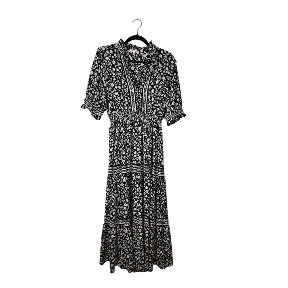 Max Studio Black Floral Tiered Maxi Dress Short Sleeve *L*